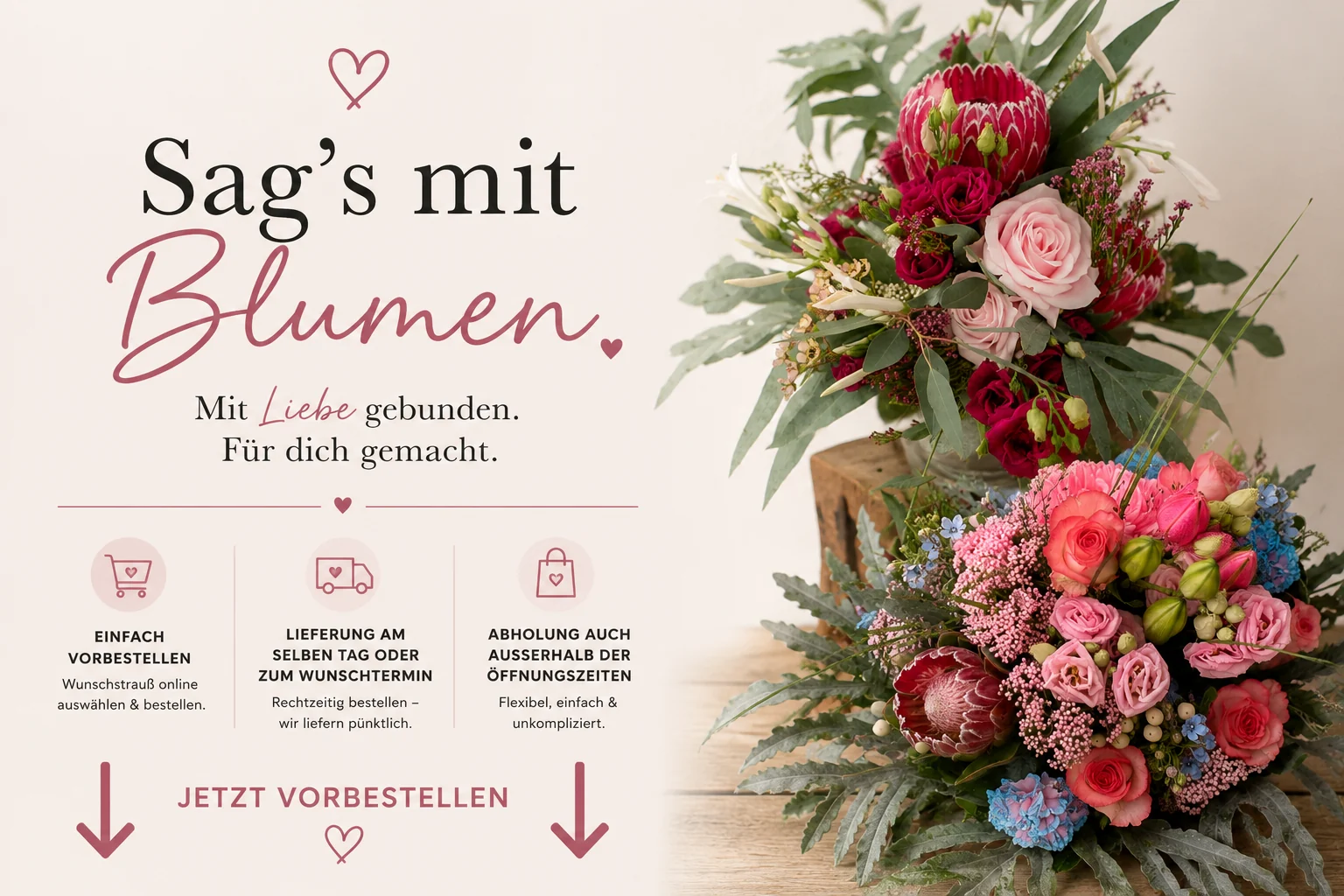 Onlineshop von Blumen Niebergall: Wunschstrauß vorbestellen, Lieferung zum Wunschtermin und flexible Abholung