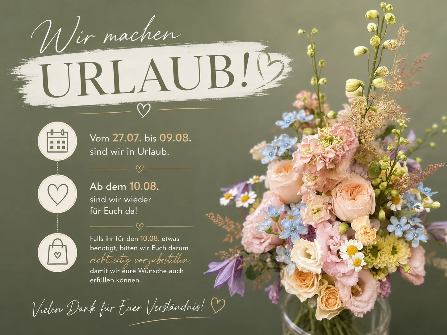 Urlaubshinweis: geschlossen vom 27. Juli bis 9. August, ab 10. August wieder geöffnet